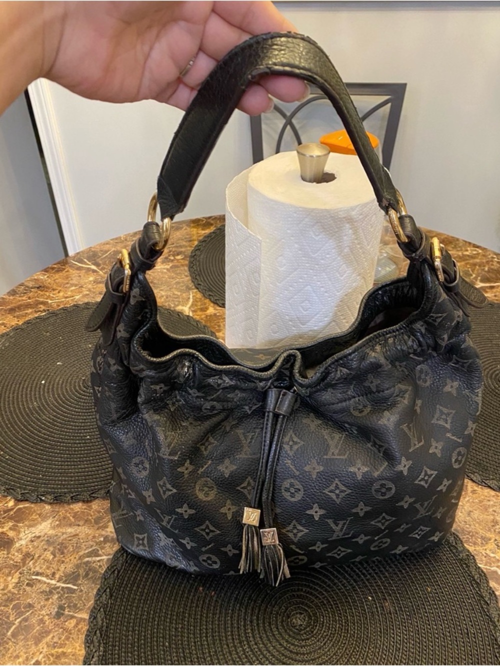 Luxury Black Monogram Hobo Bag with Tassel Drawstring